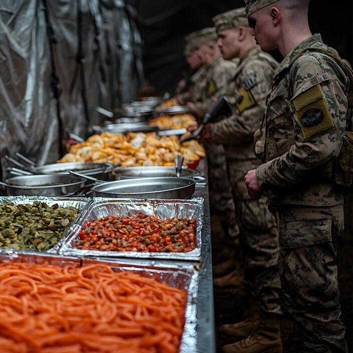 military personnel standing in line for meal time